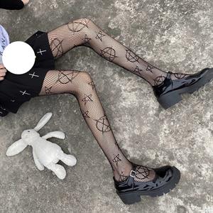 Punk Gothic Pentagram Desenli Ithal Fileli Külotlu Çorap