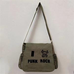 Punk Rock Baskılı Unisex Yeşil Postacı Çantası