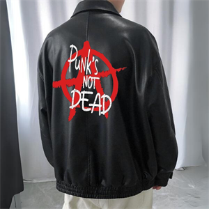 Punks Not Dead Baskılı Streetwear Siyah Oversize Unisex Astarlı Deri Ceket