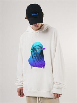 Purple Art Beyaz Unisex Kapüşonlu Oversize Sweatshirt Hoodie