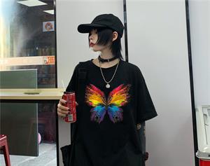 Rainbow Butterfly Baskılı Siyah Unisex Oversize T-shirt