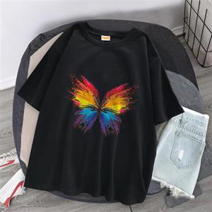 Rainbow Butterfly Baskılı Siyah Unisex Oversize T-shirt