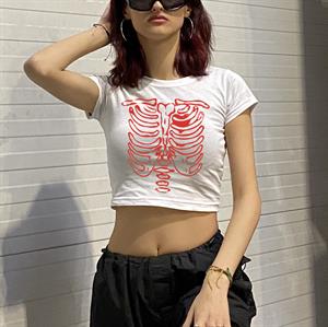 Red Rib Baskılı Beyaz Crop