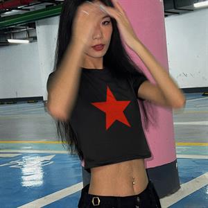 Red Star Baskılı Siyah Crop