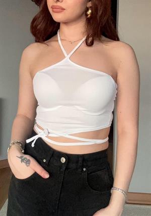 Çapraz Askılı Ribanalı Crop Bluz
