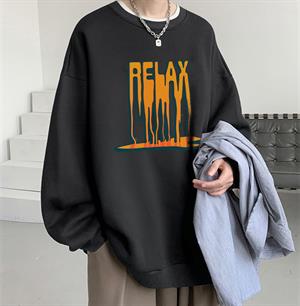 Relax Baskılı Siyah Unisex Oversize Bisiklet Yaka Sweatshirt