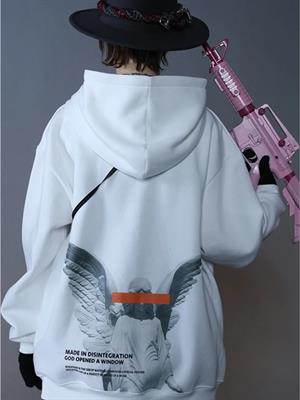 Retro Angel Baskılı Kapşonlu Beyaz Sweatshirt 