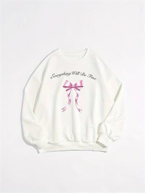 Ribbon Baskılı Beyaz Unisex Oversize Bisiklet Yaka Sweatshirt