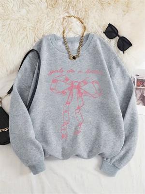 Ribbon Baskılı Gri Unisex Oversize Bisiklet Yaka Sweatshirt