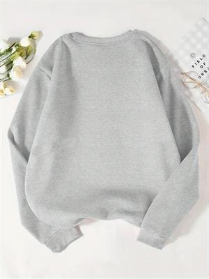 Ribbon Baskılı Gri Unisex Oversize Bisiklet Yaka Sweatshirt