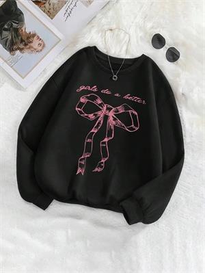 Ribbon Baskılı Siyah Unisex Oversize Bisiklet Yaka Sweatshirt