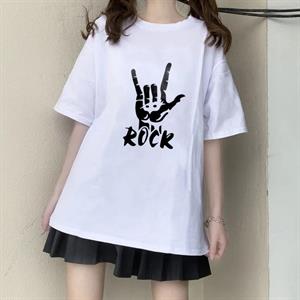 Rock Baskılı Beyaz Unisex Oversize T-shirt