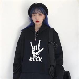 Rock Baskılı Siyah Unisex Kapüşonlu Oversize Sweatshirt Hoodie