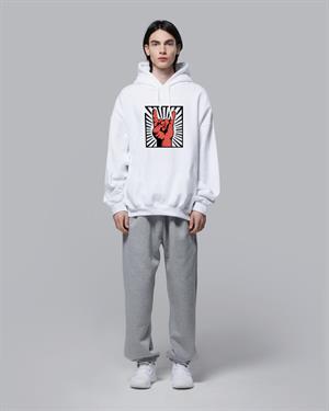 Rock Hand Beyaz Unisex Kapüşonlu Oversize Sweatshirt Hoodie