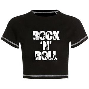 Rock N Roll Baskılı Ters Dikiş Siyah Crop