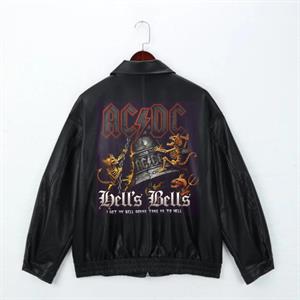 Rock Serisi Ac/Dc Baskılı Streetwear Siyah Oversize Unisex Astarlı Deri Ceket