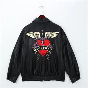 Rock Serisi Bon Jovi Baskılı Streetwear Siyah Oversize Unisex Astarlı Deri Ceket