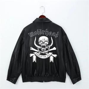 Rock Serisi Motorhead Baskılı Streetwear Siyah Oversize Unisex Astarlı Deri Ceket