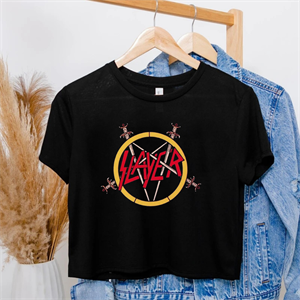 Rock Serisi Slayer Baskılı Siyah Crop