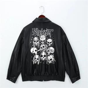 Rock Serisi Slipknot Baskılı Streetwear Siyah Oversize Unisex Astarlı Deri Ceket