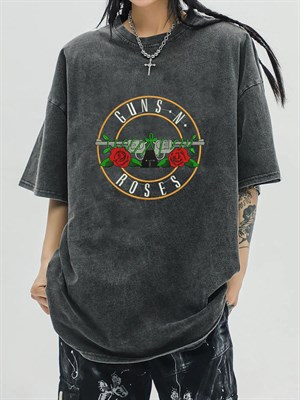 Rock Serisi Yıkamalı Guns N Roses Unisex Eskitme T-shirt