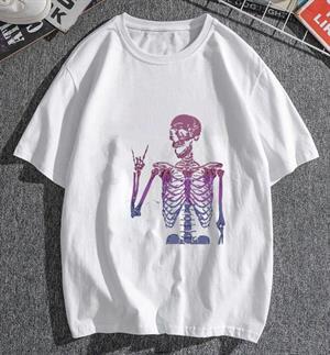 Rock Skeleton Baskılı Beyaz Unisex Oversize T-shirt