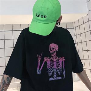 Rock Skeleton Baskılı Siyah Unisex Oversize T-shirt