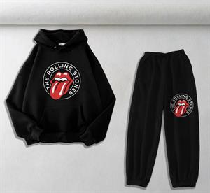 Rolling Stones Baskılı Siyah Oversize Kapüşonlu Sweatshirt & Eşofman Altı Unisex İkili Takım