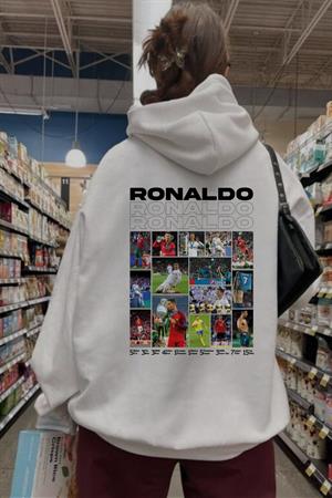 Ronaldo Baskılı Beyaz Kapşonlu Sweatshirt 