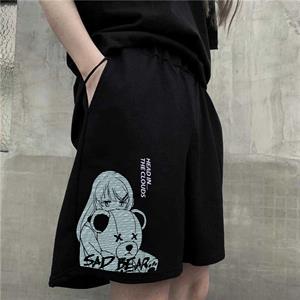 Sad Bear & Girl Baskılı Siyah Unisex Penye Şort