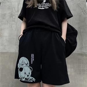 Sad Bear & Girl Baskılı Siyah Unisex Penye Şort