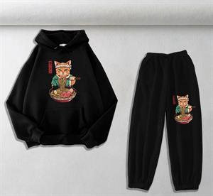 Samurai Cat Baskılı Siyah Oversize Kapüşonlu Sweatshirt & Eşofman Altı Unisex İkili Takım
