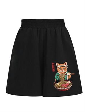 Samurai Cat Spaghetti Baskılı Siyah Unisex Penye Şort