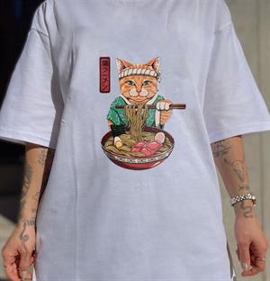 Samurai Cat Spaghetti Beyaz Unisex Oversize T-shirt