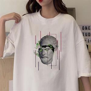 Sculpture Art & Leafs Baskılı Beyaz Unisex Oversize T-shirt