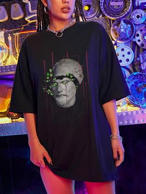 Sculpture Art & Leafs Siyah Unisex Oversize T-shirt