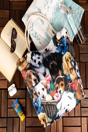 Sevimli Köpekler Fermuarlı İç Astarlı Cepli Plaj Çantası