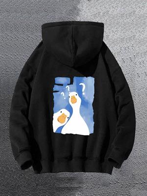 Sırt Baskılı Cute Duck Siyah Kapşonlu Sweatshirt 
