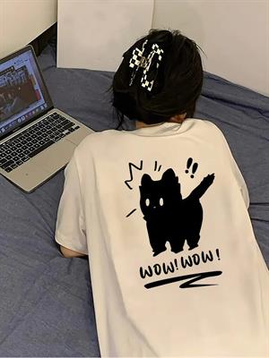 Sırt Baskılı Wow Cat Beyaz Unisex T-shirt