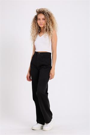 Siyah Bol Paça Jean Palazzo Wide Leg Kot Pantolon