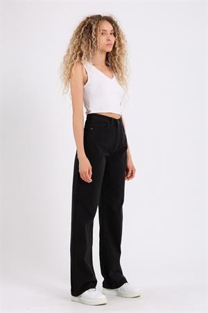 Siyah Bol Paça Jean Palazzo Wide Leg Kot Pantolon