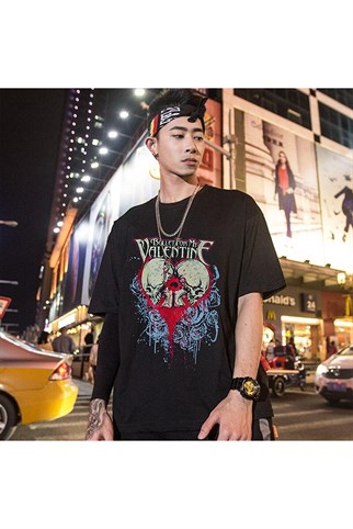Siyah Geniş Kalıp Bullet For My Valentine Baskılı Unisex Rock-metal T-shirt
