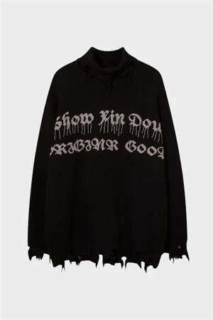Siyah Gothic Show Xin Dou Yırtık Oversize Triko Kazak