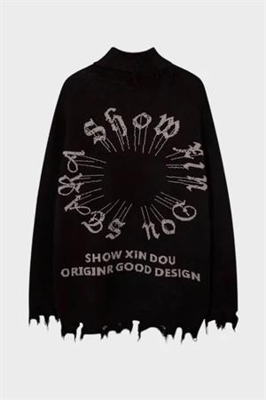 Siyah Gothic Show Xin Dou Yırtık Oversize Triko Kazak