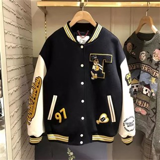 Siyah Harajuku Bear Oversize Unisex Kolej Ceket