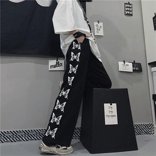 Siyah Harajuku Retro Unisex Butterfly Bol Paça Eşofman Altı