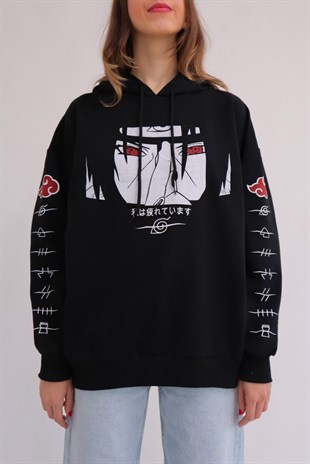 Siyah Kapüşonlu Anime Naruto Uchiha Sweatshirt