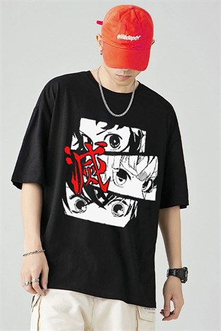 Siyah Renk Demon Slayer Büyük Baskılı Unisex Geniş Kesim Unisex Anime T-shirt