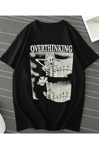 Siyah Renk Overthinking Iskelet Baskılı Geniş Kesim Unisex T-shirt