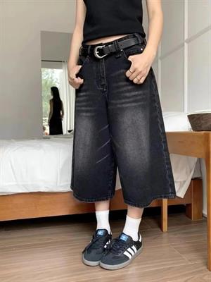 Siyah Yıkamalı Kumaş Y2K Unisex Baggy Oversize Kalıp Kot Pantolon Şort
